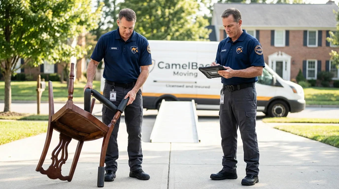 Movers inspecting furniture for damage prevention before loading in Fleming Island, FL