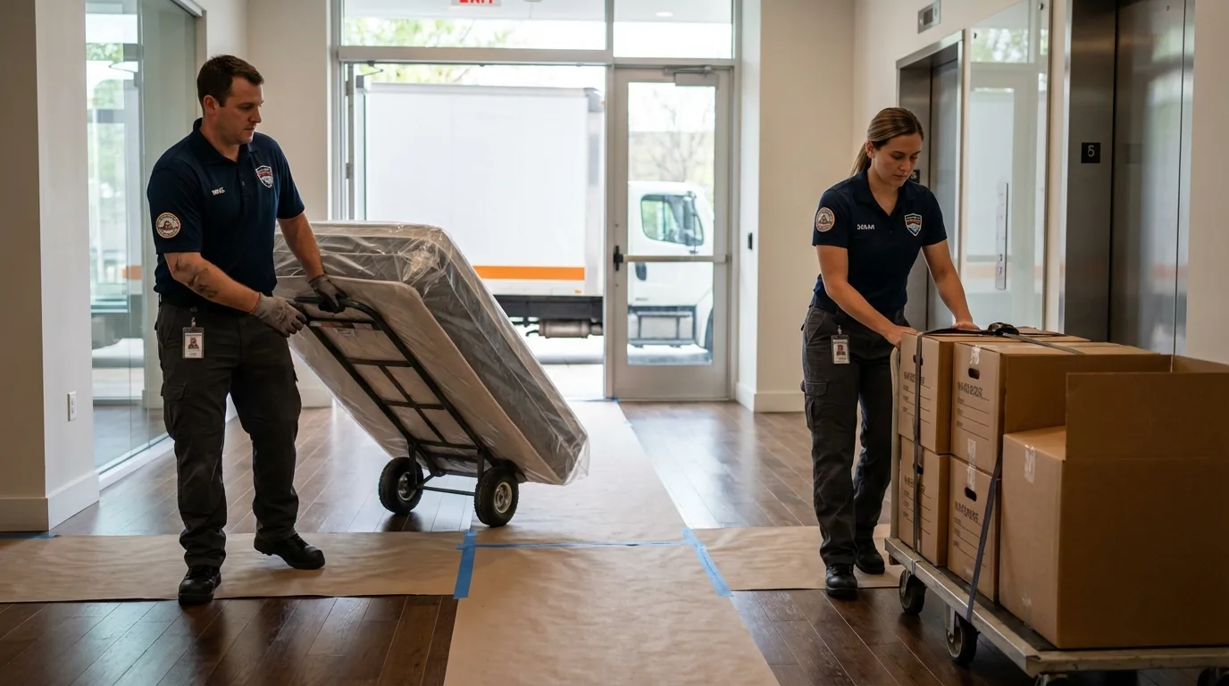Professional apartment movers loading elevator in Fleming Island, FL